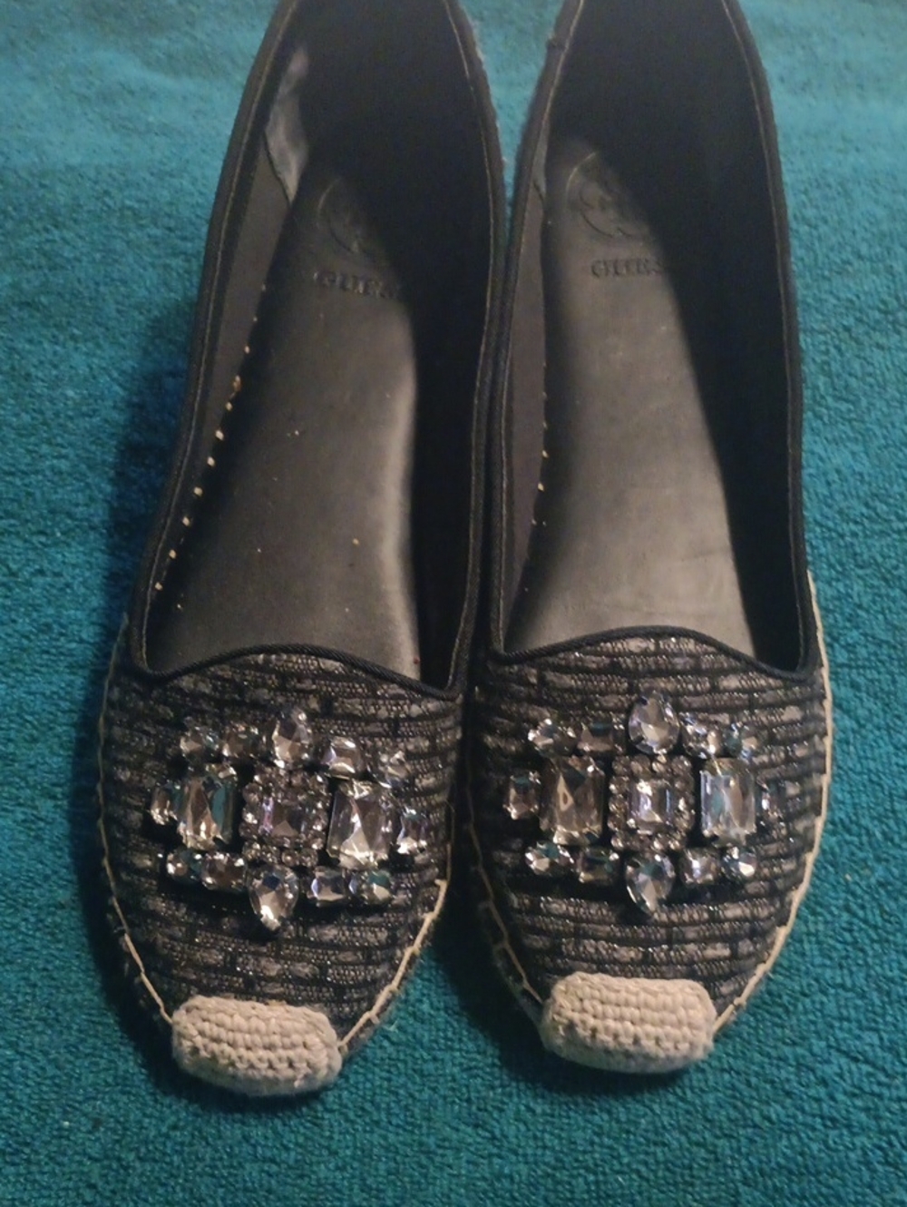 GUESS BRAND RHINE STONE, CROCHET TOE GREY AND BLACK , DRESSY/CASUAL FLAT Shoes